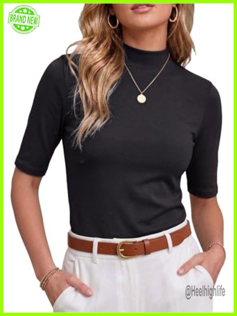 Mock Neck Short Sleeve Ribbed Knit Slim Fit T-Shirt